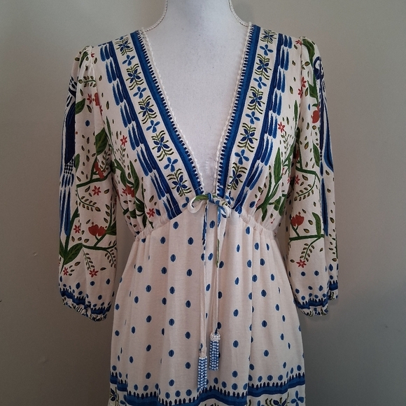 House Of Harlow Cream Blue And White Linen And Cotton Maxi Dress Size Small - Picture 2 of 11